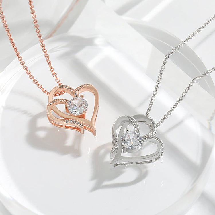 Zircon Double Love Necklace With Rhinestones Ins Personalized Heart - shaped Necklace Clavicle Chain Jewelry For Women Valentine&