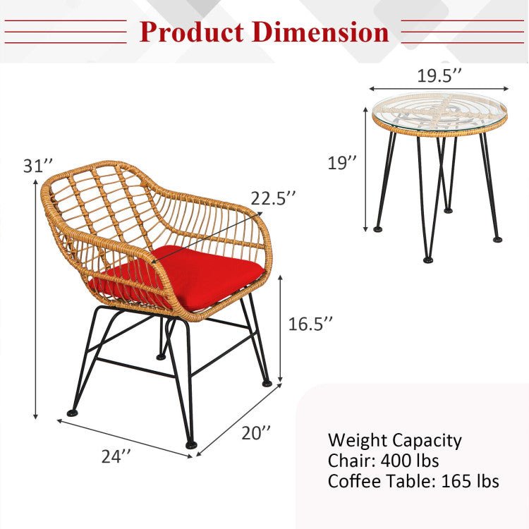 3 Pieces Rattan Furniture Set With Cushioned Chair Table - Serenity Spaces