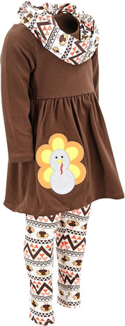 Girls Kids Toddler 3Pc Outfit Set Long Sleeve Cotton Blend Tunic Top Leggings and Scarf