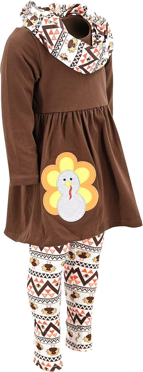 Girls Kids Toddler 3Pc Outfit Set Long Sleeve Cotton Blend Tunic Top Leggings and Scarf