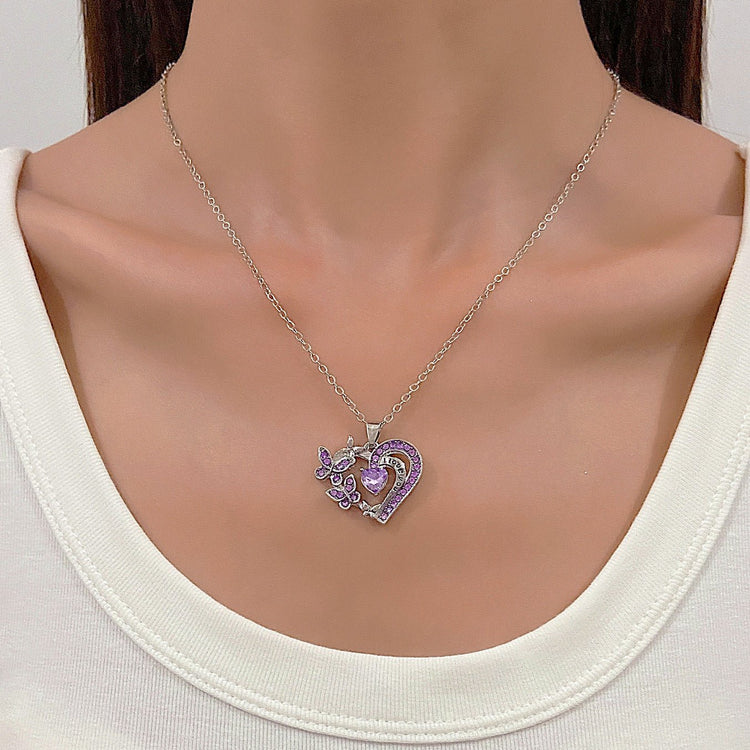 Ins Butterfly Love Necklace With Rhinestones Fashion Personality Hollow Heart - shaped Clavicle Chain Pendant Necklace For Valentine&
