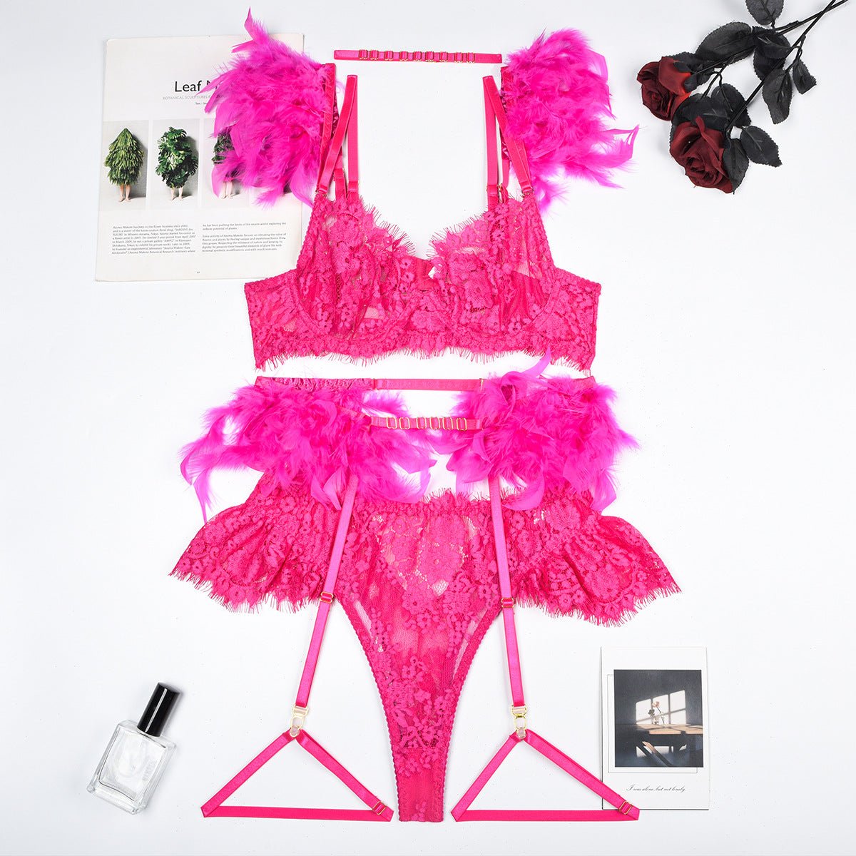 Feather Sexy Lingerie Lace Women Underwear Bra Panty - Serenity Spaces