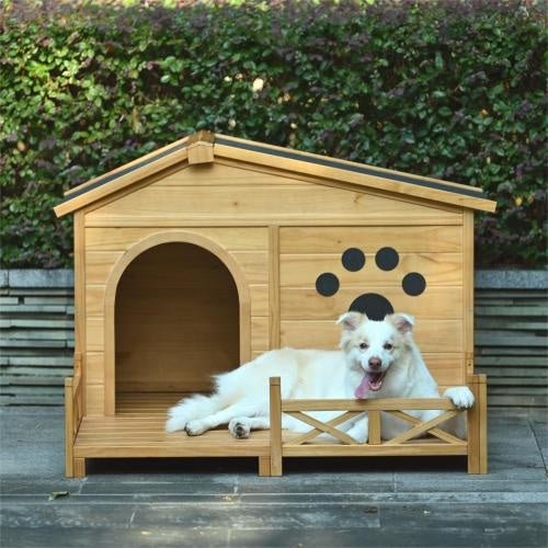 48 Wooden Dog House Outdoor With Porch, Dog Kennel With Water - Resistant Asphalt Roof And Fencing,Indoor & Outdoor Dog Crate With Paw Print, Medium, Nature - Serenity Spaces