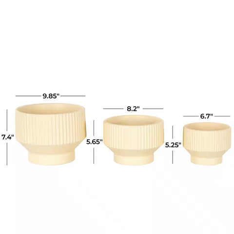 7 In., 6 In. and 5 In. Small Cream Ceramic Wide Planter with Linear Grooves and Tapered Bases (3-Pack)