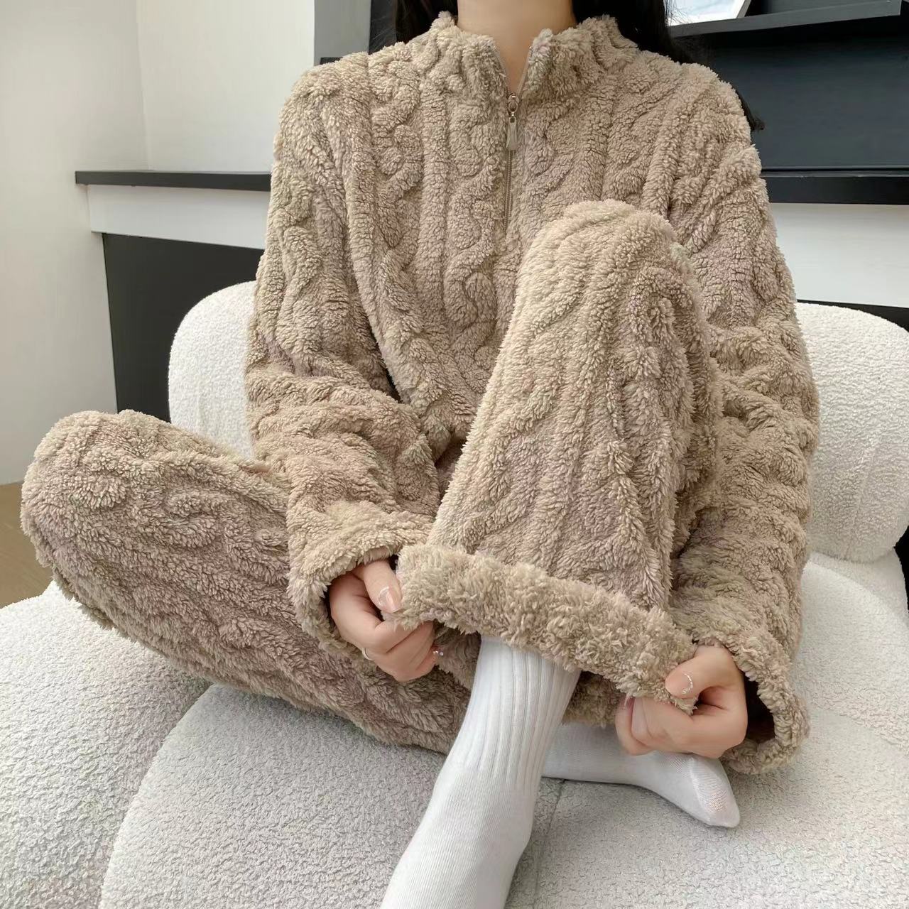 Autumn And Winter Zippered Fleece - lined Thick Coral Pajamas Loungewear Sleepwear - Serenity Spaces