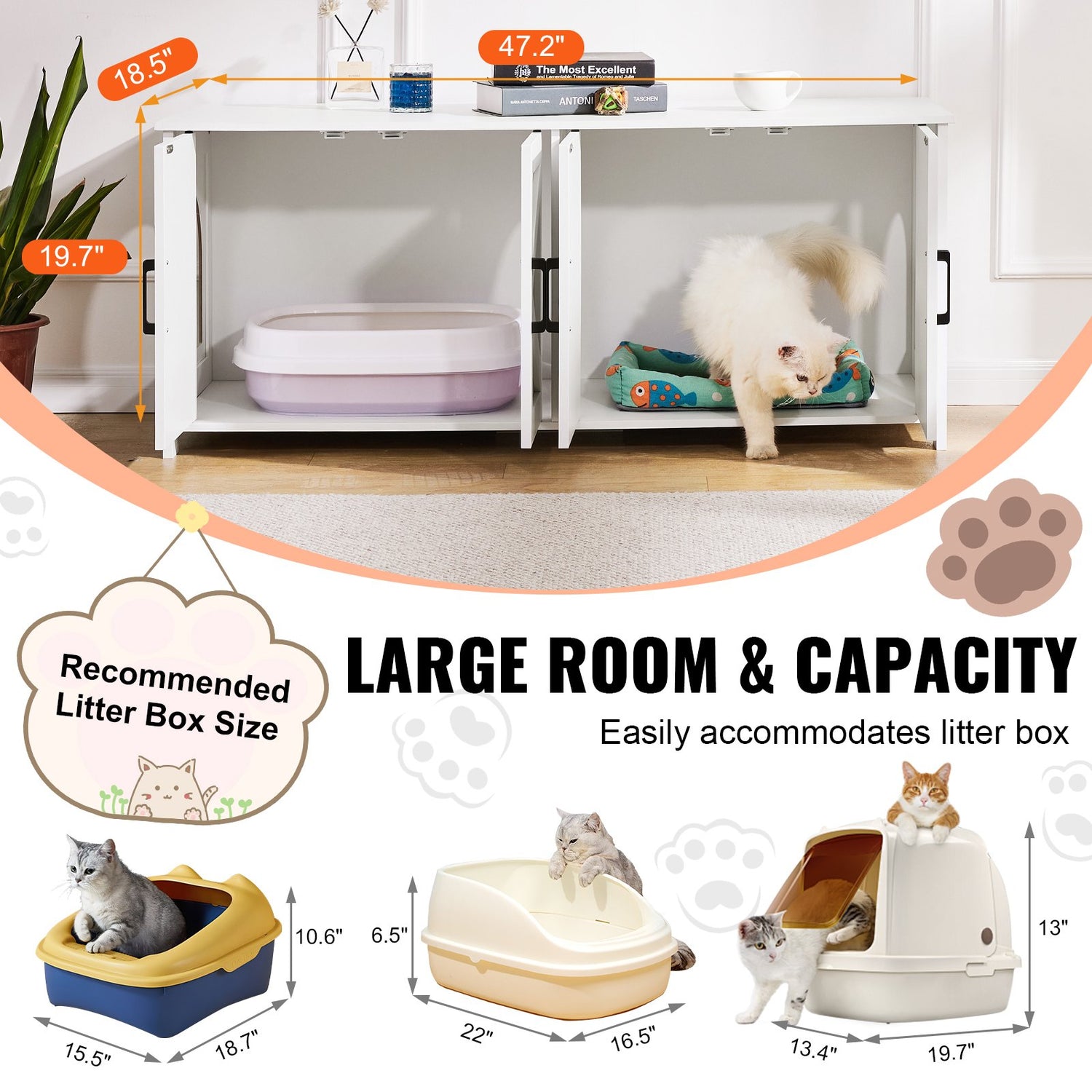 Cat Litter Box Enclosure Wooden Litter Box Furniture Hidden 2 Rooms White - Serenity Spaces