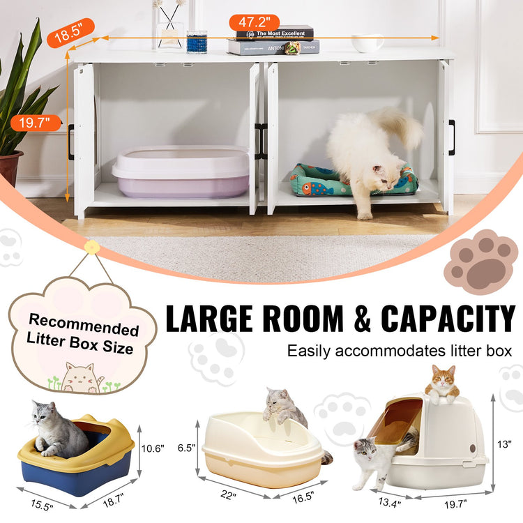 Cat Litter Box Enclosure Wooden Litter Box Furniture Hidden 2 Rooms White - Serenity Spaces