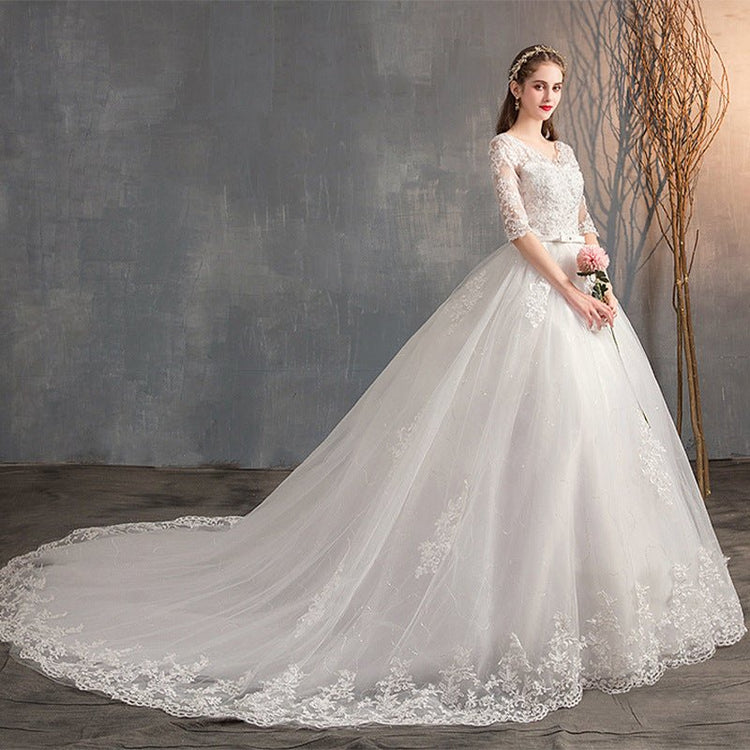 Wedding Dress Trailing Deep V Neck Lace High Waist Wedding Dress Long Sleeves - Serenity Spaces