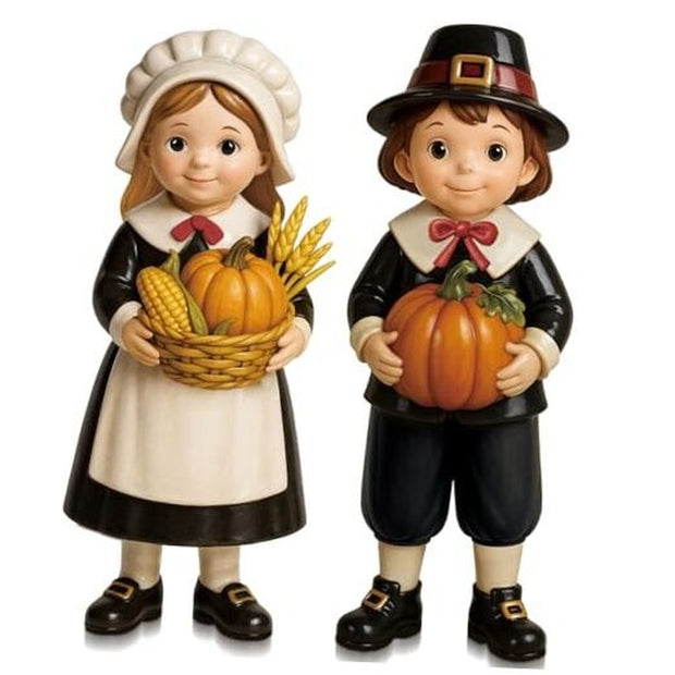 Pack Figurines Thanksgiving Statues Resin Tabletop 2 Fall Pilgrim Couple