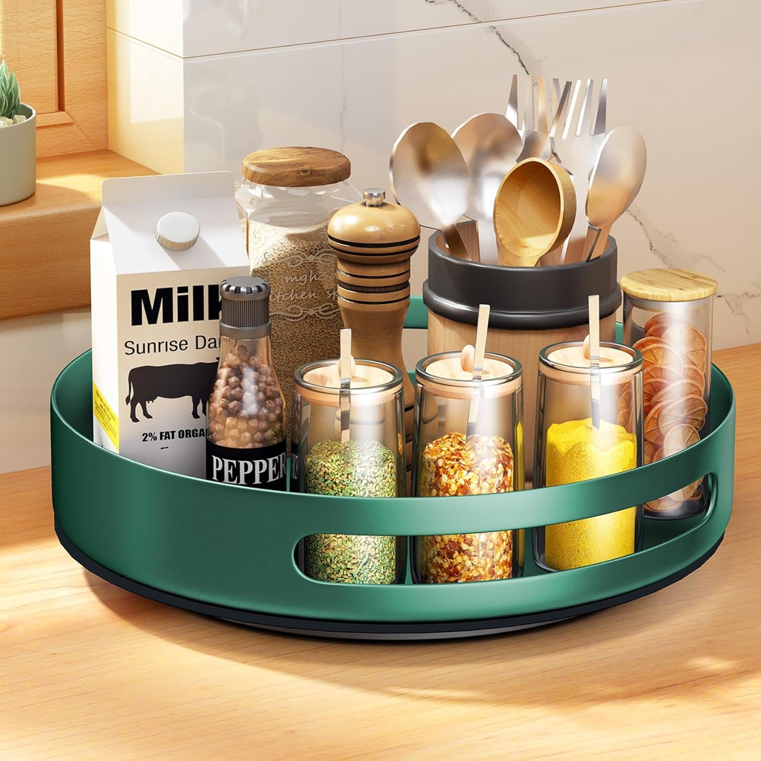 Lazy Susan Organizer Metal Steel Turntable, Rotating Spice Racks for Pantry Cabinet Cupboard Organizer Table 10 Inch Dark Green - Serenity Spaces