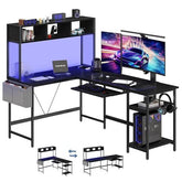 L Shaped Gaming Desk 67, Reversible Computer Desks With Led Lights Corner Table With Keyboard Tray Side Bag Storage Shelf Metal Frame - Serenity Spaces