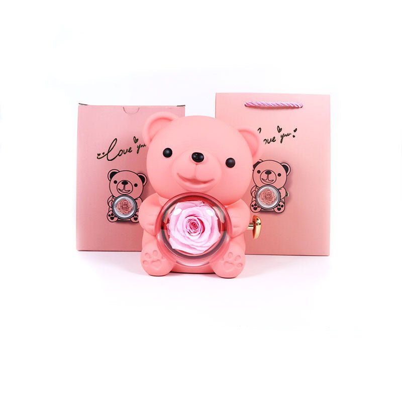 Eternal Rose Teddy Bear Gifts Box With Necklace Rotate Rose Jewelry Box Valentine Wedding Storage Gift Case For Women Girlfriend - Serenity Spaces