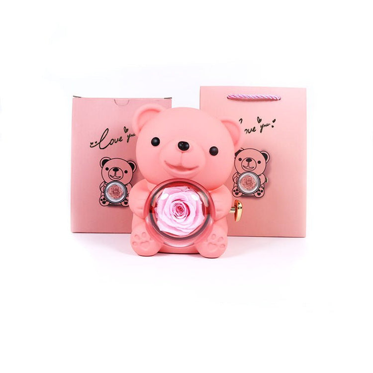 Eternal Rose Teddy Bear Gifts Box With Necklace Rotate Rose Jewelry Box Valentine Wedding Storage Gift Case For Women Girlfriend - Serenity Spaces