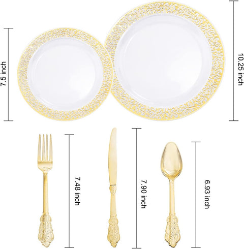 150Pcs Clear Gold Lace Plastic Party Plates Disposable Dinnerware Set Include 30 Dinner Plate-30 Dessert Plate-90 Gold Silverware Perfect for Birthday Wedding Party Dinner
