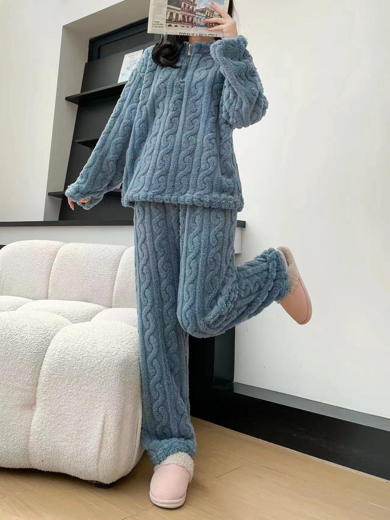 Autumn And Winter Zippered Fleece - lined Thick Coral Pajamas Loungewear Sleepwear - Serenity Spaces