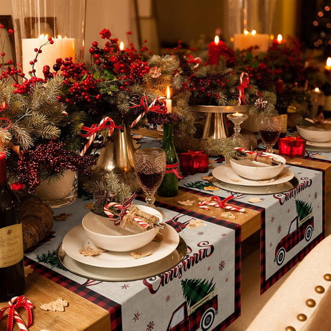 Christmas Truck Cotten Linen Table Runners 90 Inches Long, Red Buffalo Plaid, Non-Slip Burlap Table Cloth Runner for Home/Dining/Wedding/Party/Holiday, Farmhouse Christmas Theme Table Decorations