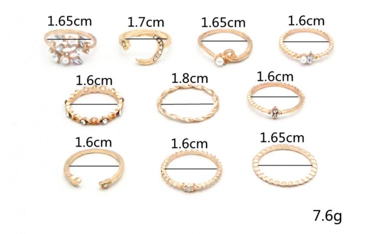 Bohemian Fashion Star Moon Love Pearl Leaf 10 - Piece Ring - Serenity Spaces