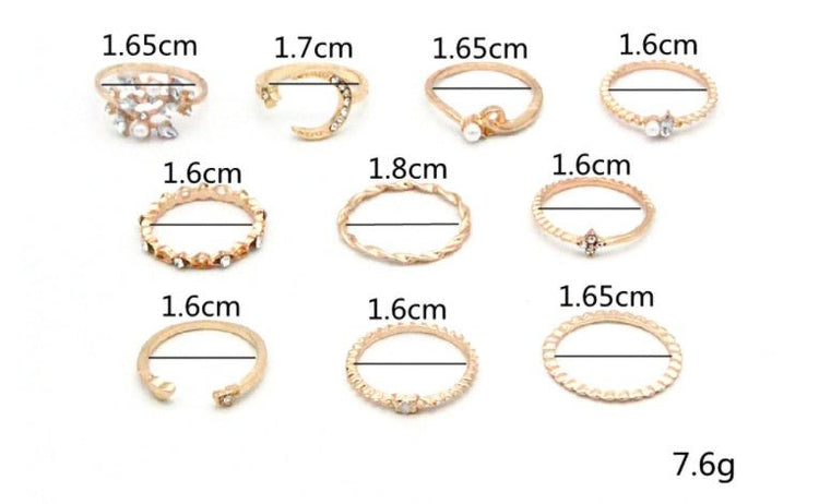 Bohemian Fashion Star Moon Love Pearl Leaf 10 - Piece Ring - Serenity Spaces