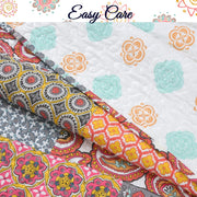 Tangerine Orange Gray Blue Motif Geometric Ogee Paisley Reversible Quilt Bedding Set, Bedspread, Coverlet Lightweight for All Seasons (Antique Chic, King - 3 Piece)