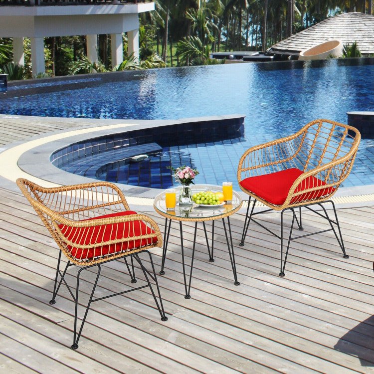 3 Pieces Rattan Furniture Set With Cushioned Chair Table - Serenity Spaces