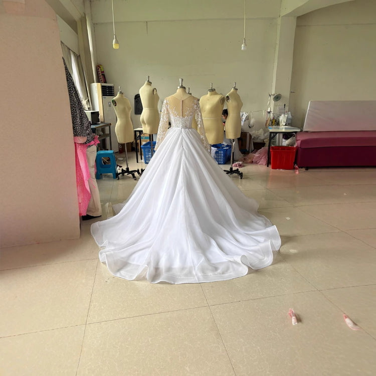 Embroidered Long Sleeve Off - the - shoulder Wedding Dress - Serenity Spaces