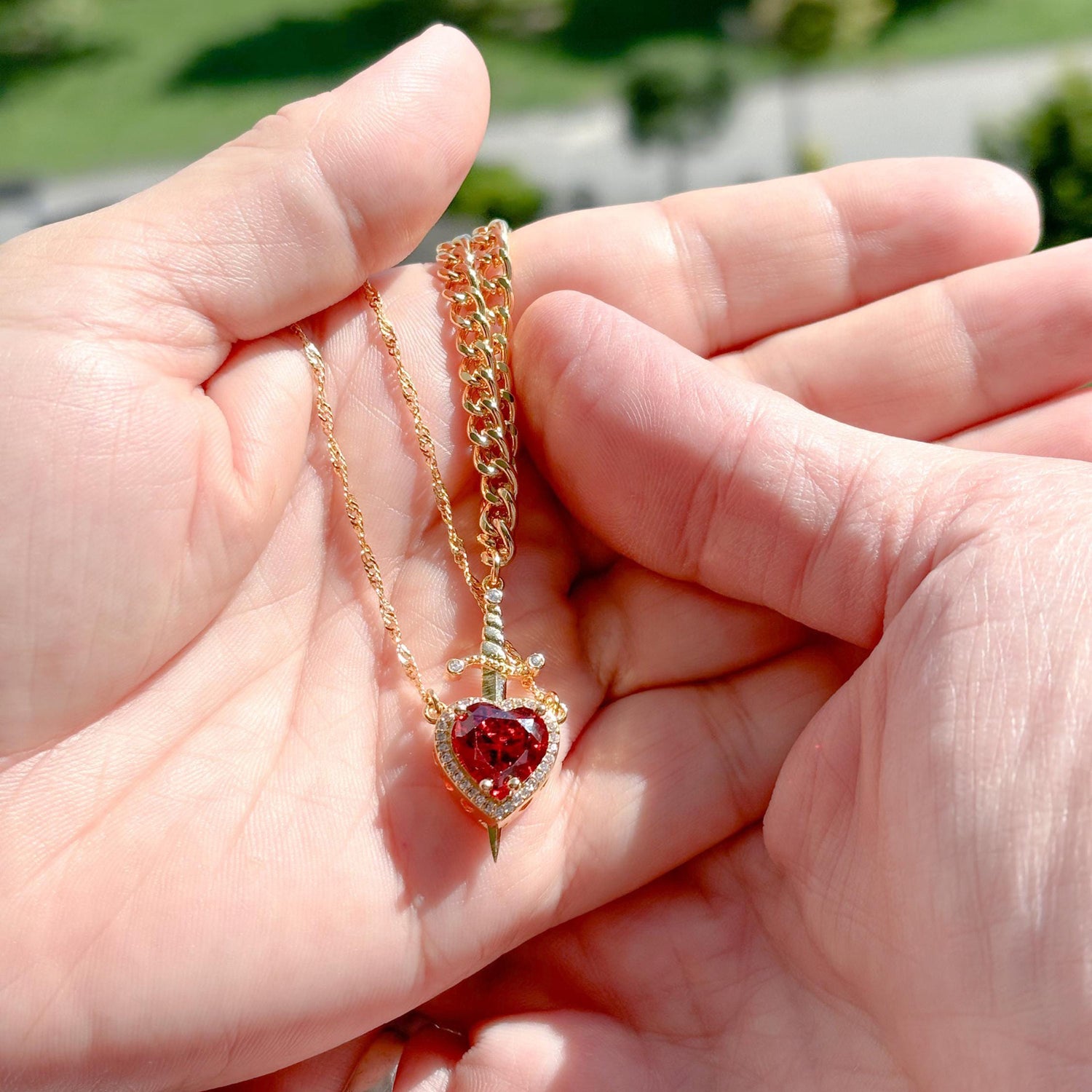 Gothic Punk One Arrow Through The Heart Creative Two Color Couple Necklace Red Rhinestone Heart Dagger Necklace Good Friend Gift Fashion Jewelry - Serenity Spaces
