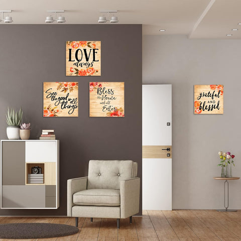 Rustic Blessed Love Sign Wall Art for Living Room Bathroom Decor Wall Art Floral Canvas Wall Art Set, Multi Panel Wood Wall Art Prints 4 Piece 12X12 Inches Farmhouse Wall Art Home Artwork