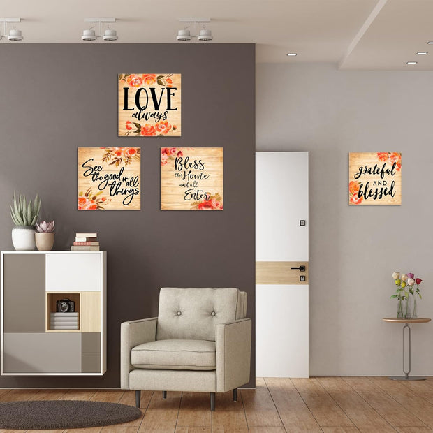 Rustic Blessed Love Sign Wall Art for Living Room Bathroom Decor Wall Art Floral Canvas Wall Art Set, Multi Panel Wood Wall Art Prints 4 Piece 12X12 Inches Farmhouse Wall Art Home Artwork