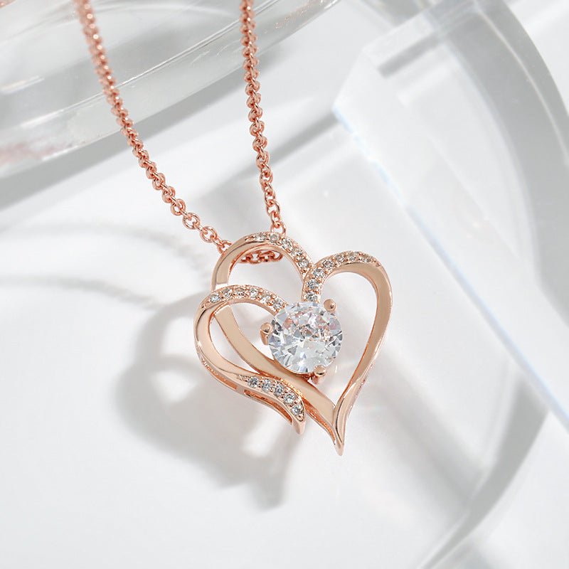 Zircon Double Love Necklace With Rhinestones Ins Personalized Heart - shaped Necklace Clavicle Chain Jewelry For Women Valentine&