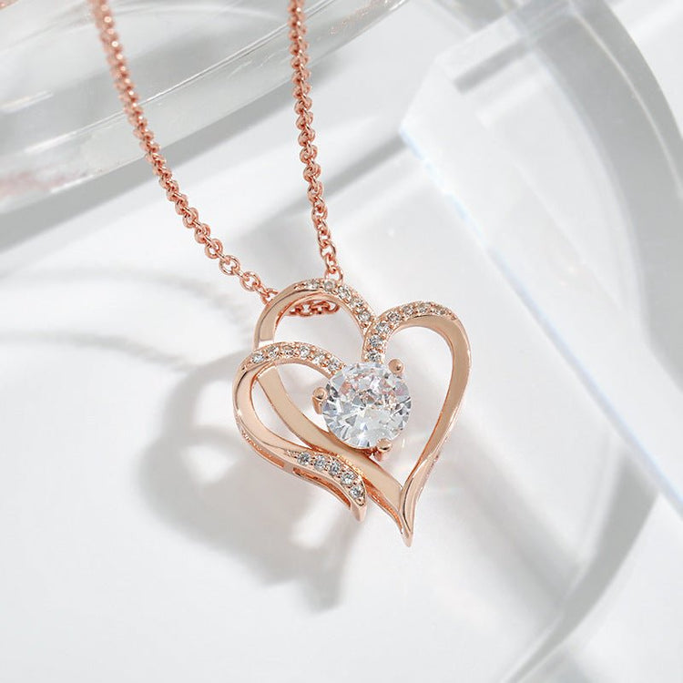Zircon Double Love Necklace With Rhinestones Ins Personalized Heart - shaped Necklace Clavicle Chain Jewelry For Women Valentine&