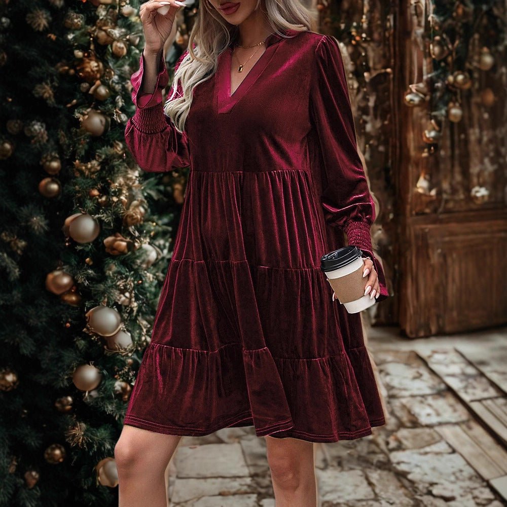 Long Sleeve Skirt Velvet Cake Dresses With Puffy Sleeves And V - Neck Mini Skirt Elegant Short Dress For Women New Year Party Clothing - Serenity Spaces