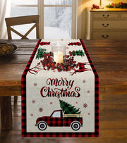 Christmas Truck Cotten Linen Table Runners 90 Inches Long, Red Buffalo Plaid, Non-Slip Burlap Table Cloth Runner for Home/Dining/Wedding/Party/Holiday, Farmhouse Christmas Theme Table Decorations
