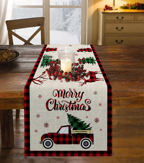 Christmas Truck Cotten Linen Table Runners 90 Inches Long, Red Buffalo Plaid, Non-Slip Burlap Table Cloth Runner for Home/Dining/Wedding/Party/Holiday, Farmhouse Christmas Theme Table Decorations