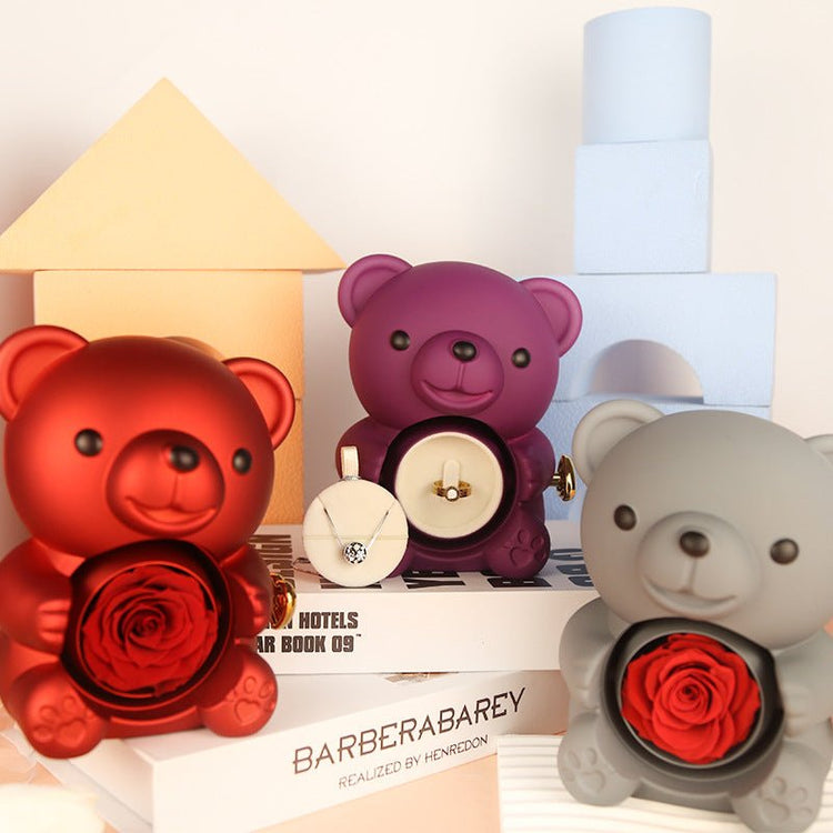 Eternal Rose Teddy Bear Gifts Box With Necklace Rotate Rose Jewelry Box Valentine Wedding Storage Gift Case For Women Girlfriend - Serenity Spaces