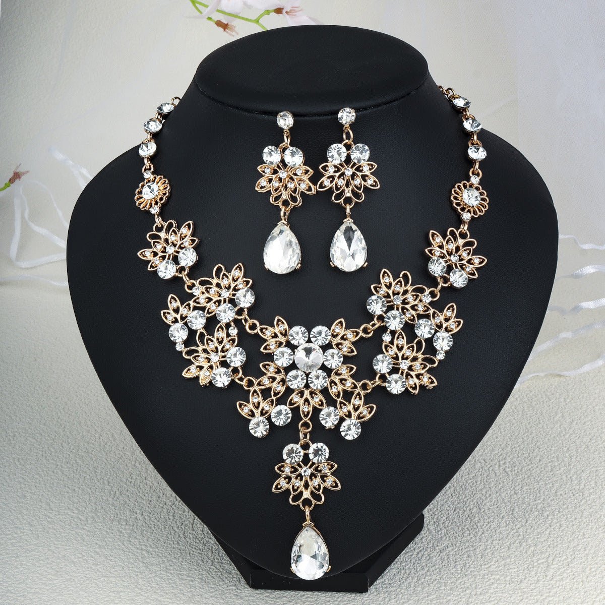 Rhinestone Pearl Earrings And Necklace Set Women - Serenity Spaces