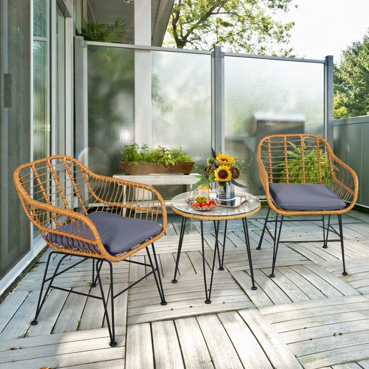 3 Pieces Rattan Furniture Set With Cushioned Chair Table - Serenity Spaces