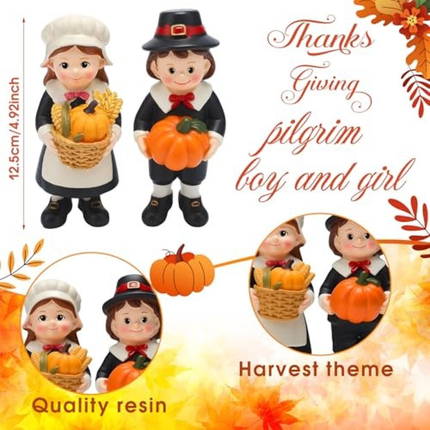 Pack Figurines Thanksgiving Statues Resin Tabletop 2 Fall Pilgrim Couple
