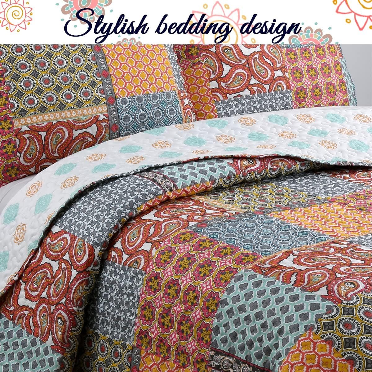 Tangerine Orange Gray Blue Motif Geometric Ogee Paisley Reversible Quilt Bedding Set, Bedspread, Coverlet Lightweight for All Seasons (Antique Chic, King - 3 Piece) - Serenity Spaces