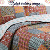 Tangerine Orange Gray Blue Motif Geometric Ogee Paisley Reversible Quilt Bedding Set, Bedspread, Coverlet Lightweight for All Seasons (Antique Chic, King - 3 Piece) - Serenity Spaces