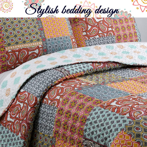 Tangerine Orange Gray Blue Motif Geometric Ogee Paisley Reversible Quilt Bedding Set, Bedspread, Coverlet Lightweight for All Seasons (Antique Chic, King - 3 Piece)