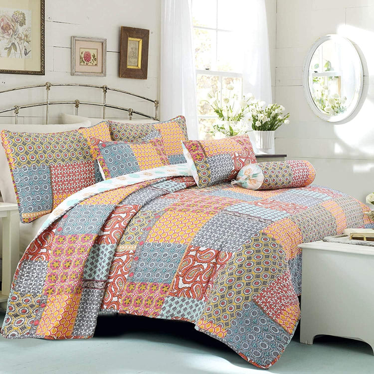Tangerine Orange Gray Blue Motif Geometric Ogee Paisley Reversible Quilt Bedding Set, Bedspread, Coverlet Lightweight for All Seasons (Antique Chic, King - 3 Piece) - Serenity Spaces