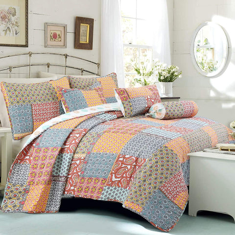 Tangerine Orange Gray Blue Motif Geometric Ogee Paisley Reversible Quilt Bedding Set, Bedspread, Coverlet Lightweight for All Seasons (Antique Chic, King - 3 Piece)
