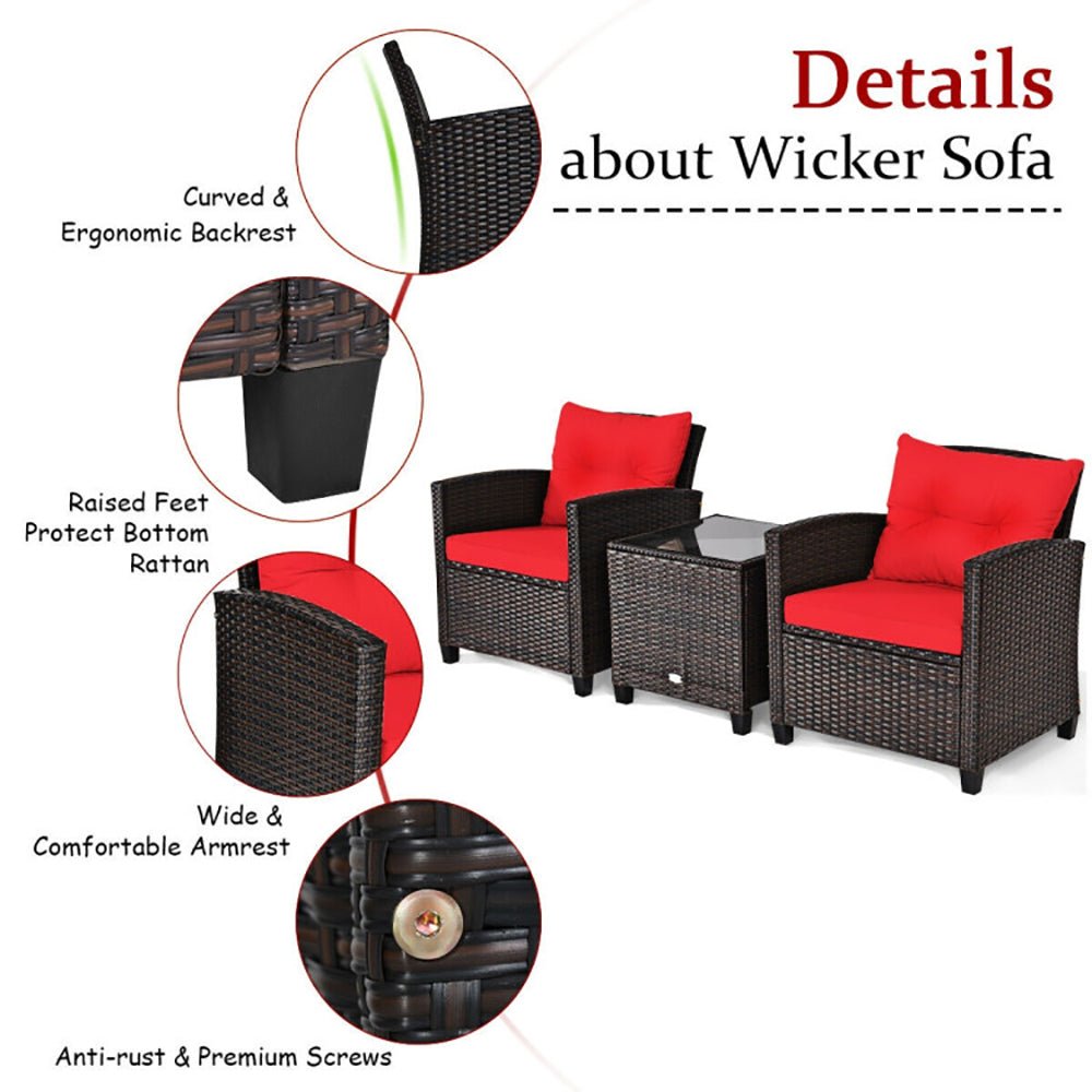 3 Pieces Rattan Patio Furniture Set With Washable Cushion - Serenity Spaces