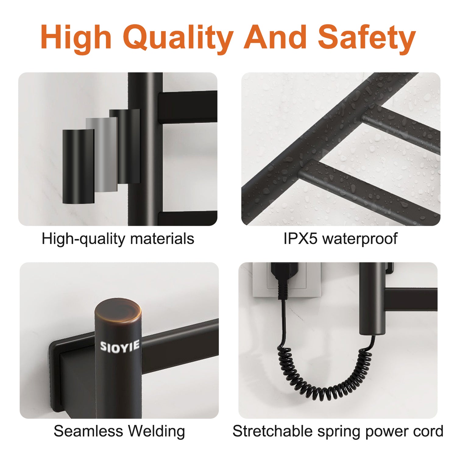 SIOYIE Towel Warmer Bathroom Wall Mounted 6 Bars Electric Towel Drying, 150 W 500 800 MM Heated Towel Rack With Intelligent Touch Screen Timer And Temperature Control Black Left - Serenity Spaces