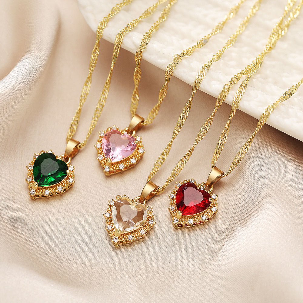Colorful Rhinestones Heart - shped Necklace Love Gold Clavicle Chain Ins Personalized Jewelry For Women Valentine&