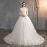 Wedding Dress Trailing Deep V Neck Lace High Waist Wedding Dress Long Sleeves - Serenity Spaces