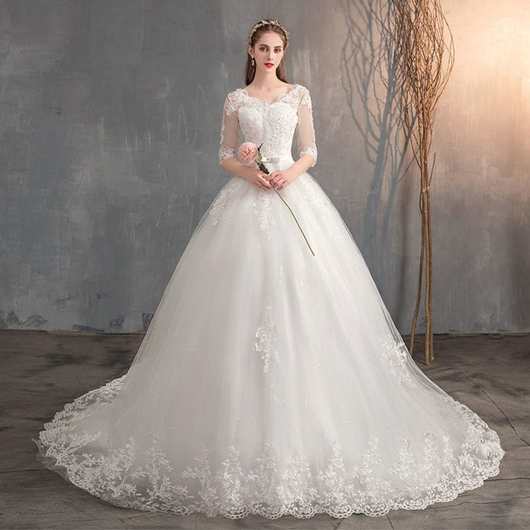 Wedding Dress Trailing Deep V Neck Lace High Waist Wedding Dress Long Sleeves - Serenity Spaces