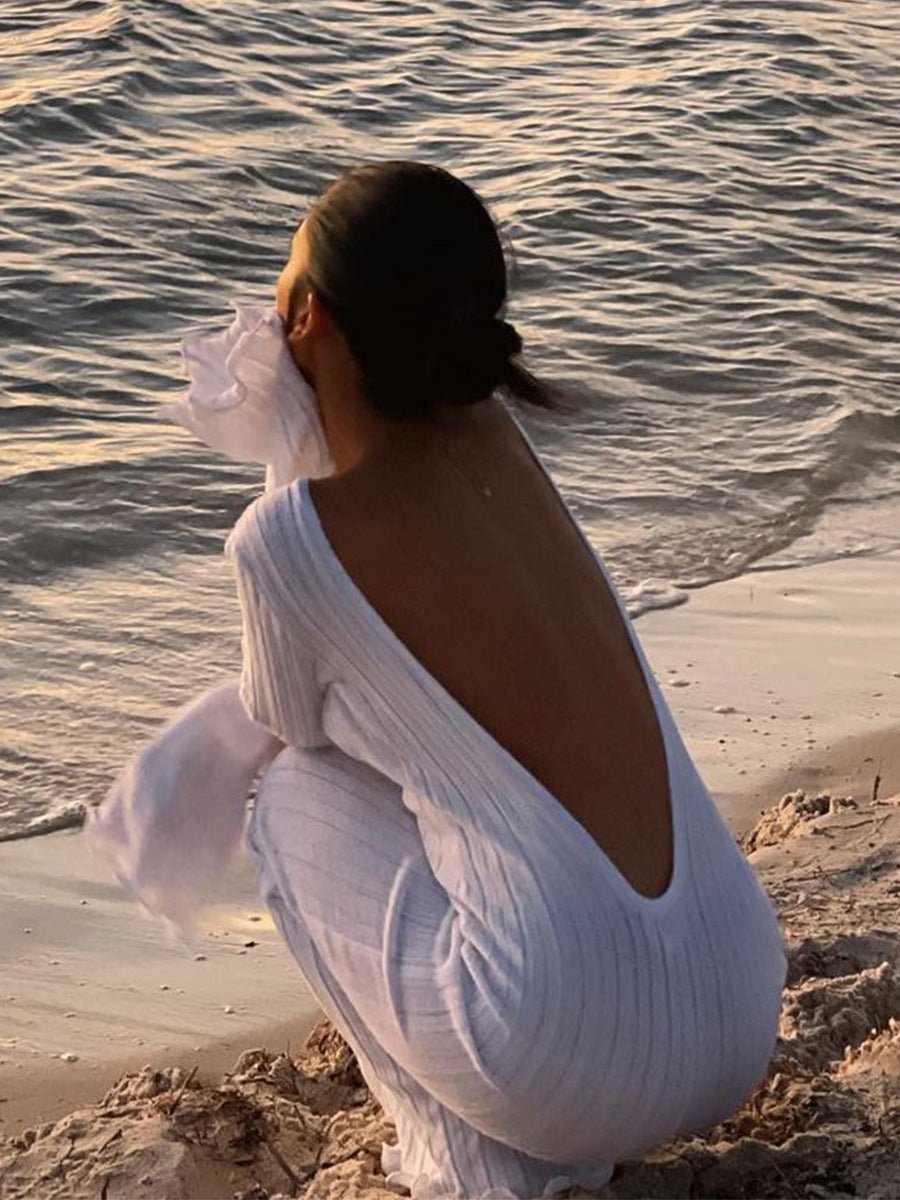 Fashion Slim Long - sleeved Ruffled Long Dress Sexy Hip - wrapped Back - less Knitted Maxi Dresses For Party Beach Womens Clothing - Serenity Spaces