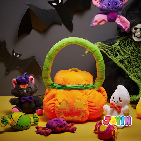 8 Pcs Halloween Basket with Stuffed Plush,Halloween Gift Basket Stuffers for Baby Kids Toddler,Halloween Toys,Halloween Pumpkin Decorations