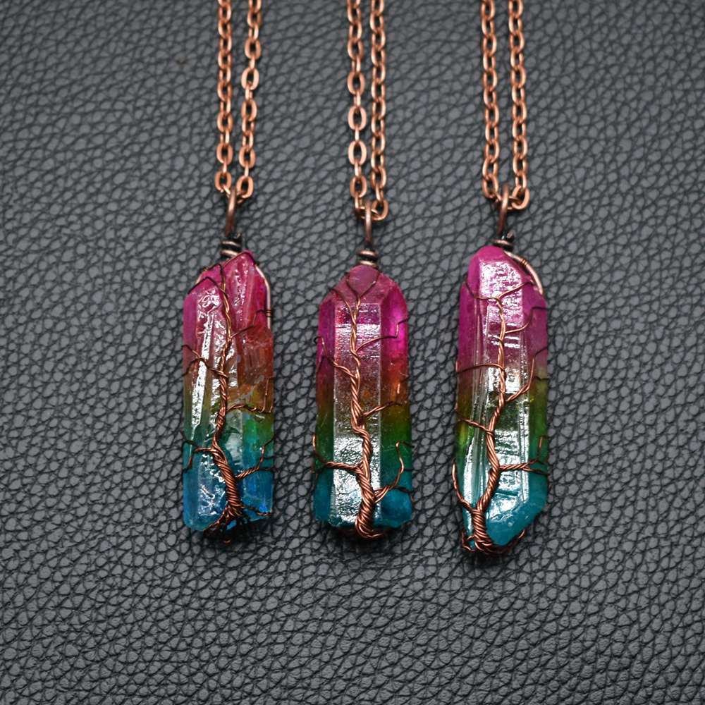 Hot Selling Stone Crystal Pillar Tree Of Life Pendant Ins Fashion Necklace - Serenity Spaces